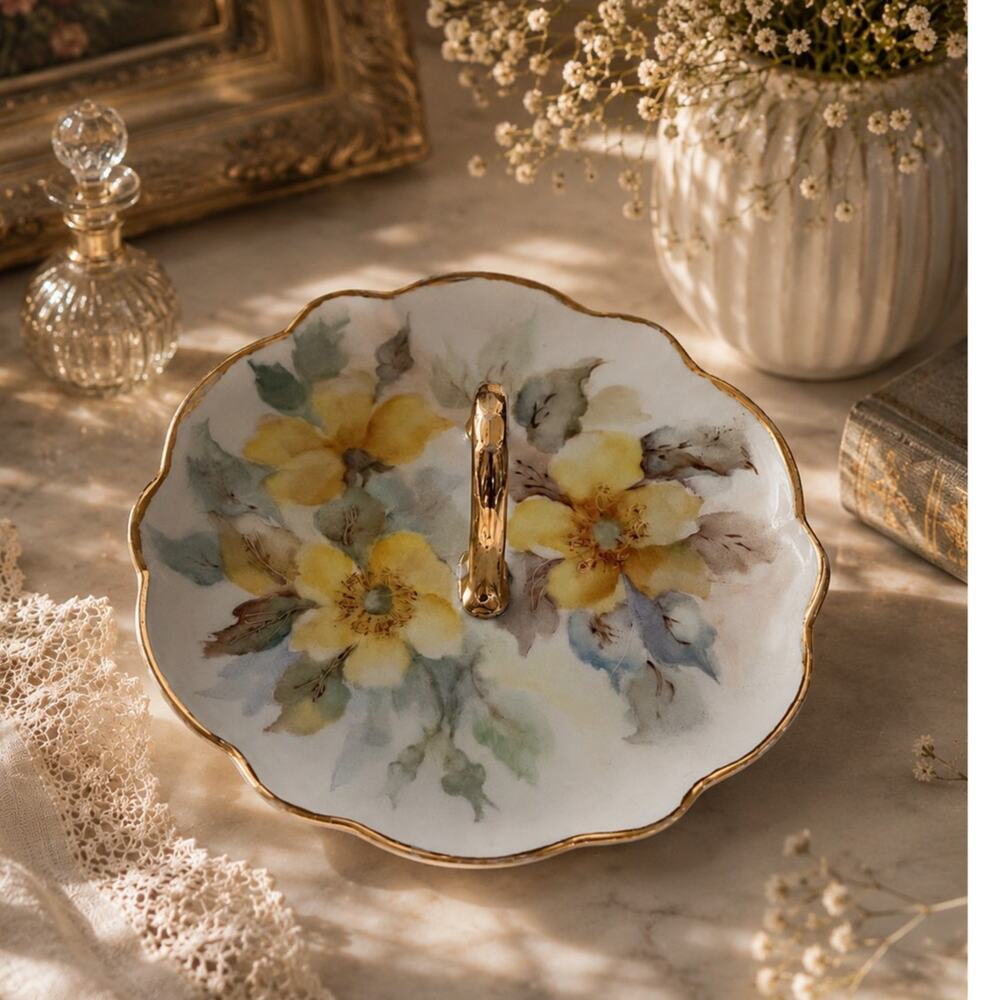 Vintage Hand Painted Yellow Rose Porcelain Candy Nappy Dish Tray Gold Handle